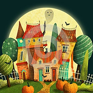 Old victorian house with cats, ghost, pumpkin, trees, moon and bat.