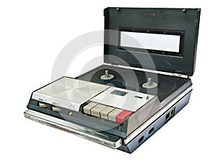 Old Video Cassette Recorder ejecting isolated on white background photo