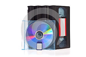 Old Video Cassette tape, with a DVD disc and Flash