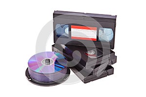 Old Video Cassette tapes with a DVD disc isolated