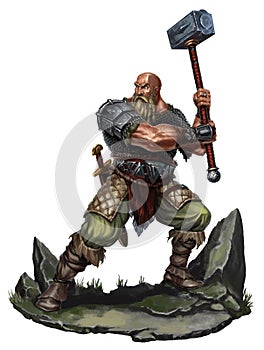 Old Viking with a two-handed hammer on rock.