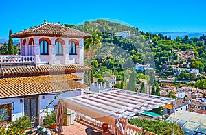 The old villa in Albaicin and Hill of Sun in background, Granada, Spain