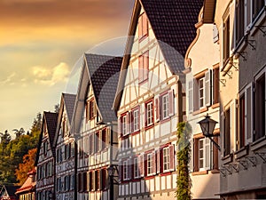 Old village centre of Schiltach in the Black Forest with picturesque half-timbered houses at sunset