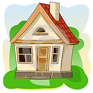 Old village house. Fabulous cartoon object. Cute childish style. Ancient dwelling. Tiny, small. On abstract background