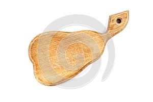 Old village kitchen chopping Board in the shape of a pear for food, isolated on a white background. Items for cooking