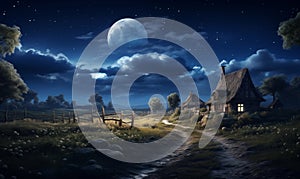 Old village at night, beautiful ancient rural landscape, illustration generated by ai