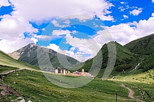 Old Village Ushguli in the middle of the mountains with typical architecture in Caucasus Georgia