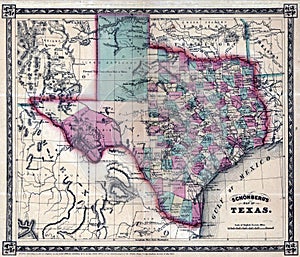 Old vintage 19th century framed map of Texas state of the United States