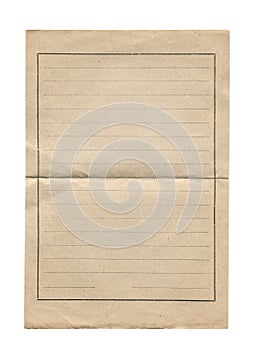 Old vintage aged brown page paper with notebook writing lines isolated on white