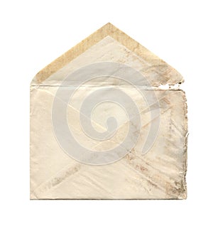 Old vintage aged open paper envelope isolated on white
