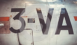 Old vintage airplane fuselage closeup view