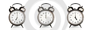 Old vintage alarm clocks at different time of the days isolated on panoramic white background. Morning, noon,afternoon photo