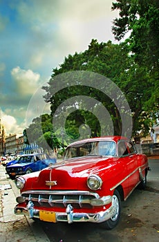 Old vintage american red car in Havana city