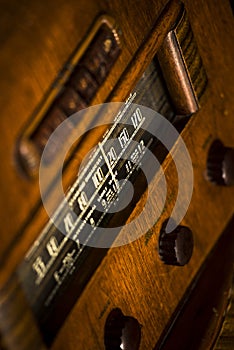 Old, vintage antique 1930`s stand-up radio with knobs and dials