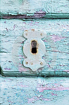 Old vintage antique wood and metal keyhole lock