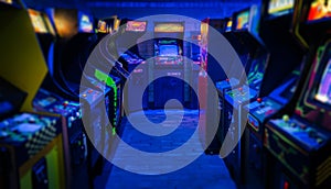 Old Vintage Arcade Video Games in an empty dark gaming room with blue light with glowing displays