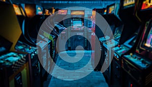 Old Vintage Arcade Video Games in an empty dark gaming room with blue light with glowing displays and beautiful retro design photo