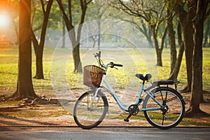 Old vintage bicycle in public park with engergy save and green e