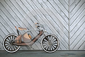 Old vintage bicycle. Steampunk style. Near the wall. 3d render