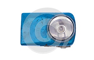 Blue vintage old flashlight on white background