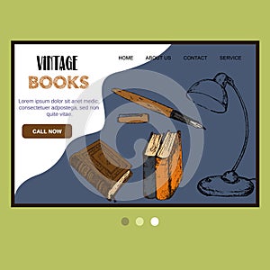 Old vintage books and antiques sketch vector web template. Vintage books, antique, ancient bookmark website for book