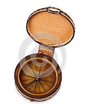 Old vintage brass compass in a leather case isolated on a white background.