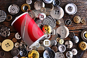 Old Vintage Buttons and Red Thread