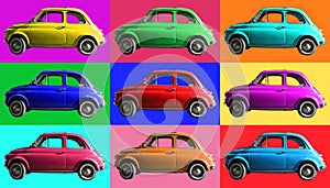 Old vintage car collage colorful. Italian industry. On coloured cells