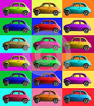 Old vintage car collage colorful. Italian industry. On coloured cells