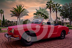 Old Vintage Car Parked in Tropical Palm Tree Landscape Late Afternoon Sunset Beach Life Automobile