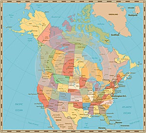 Old vintage color political map of USA and Canada