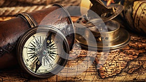 Old vintage compass on ancient map