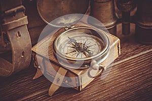 Old vintage compass . Travel navigation concept .