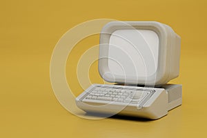 old vintage computer on a yellow background copy paste, copy space. 3d render