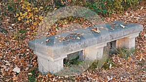 Old vintage concrete bench in park of the Nymphenburg Palace in Munich in autumn, surrounded by dry, fallen foliage