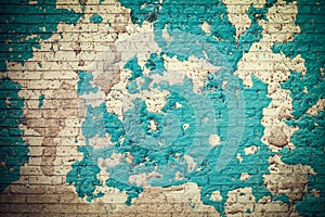 Old vintage crack wall, abstract blue brick pattern background.