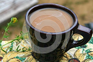 Morning Coffee in Nature. Mug, Herbal Drink Benefits , Wild Flowers, Rural Western Still Life, Herbalism Outdoor, Milk, Rustic. photo