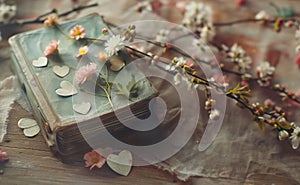 Old vintage diary on rustic wooden background with spring blossom