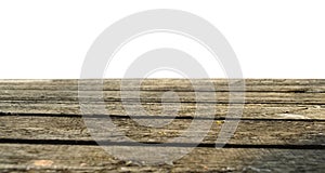 Old vintage empty planked wood table in perspective on white background