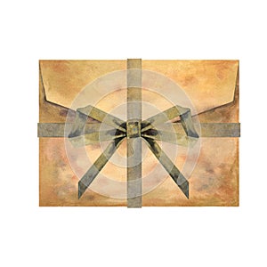 Old vintage envelope of beige parchment paper with a brown ribbon and a bow in an antique style. Watercolor