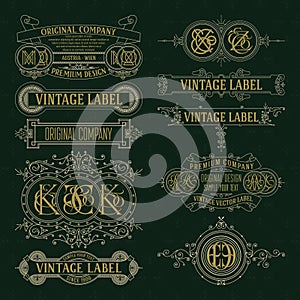 Old vintage floral elements - ribbons, monograms, stripes, lines, angles, border, frame, label, logo