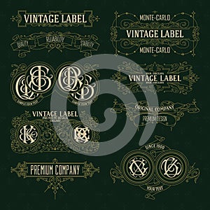 Old vintage floral elements - ribbons, monograms, stripes, lines, angles, border, frame, label, logo