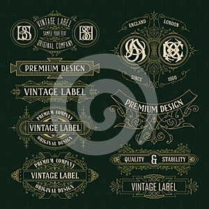 Old vintage floral elements - ribbons, monograms, stripes, lines, angles, border, frame, label, logo