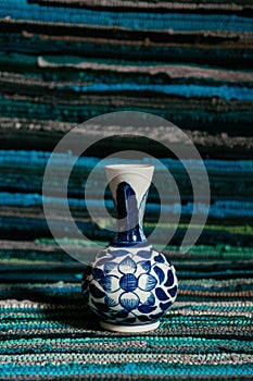 Old vintage flower vase blue painted China ware, Chinese porcela