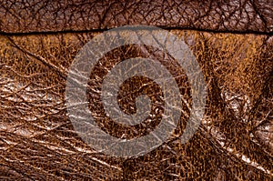 Old vintage genuine soft brown leather texture background, top layer with pores and scratches, macro, close-up