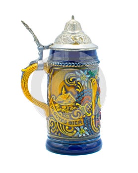 Old Vintage German beer stein Mug with pewter hinged top with words ein gutes bier des wirtes zier good beer from the landlord and