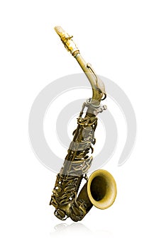 Old vintage gold saxophone isolated on white background