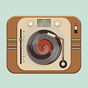 Old vintage gramophone player or a vinyl turntable, vector illustration, top view
