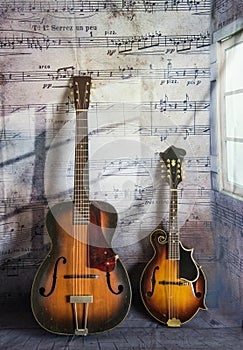 Old Vintage Guitar and Mandolin with Musical Notes