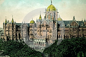 Old vintage Hand Tintade photo of Victoria Terminus Bombay mumbai